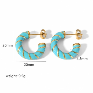 Turquoise enamel hoop earrings with gold spiral stripes, 20mm titanium steel jewelry