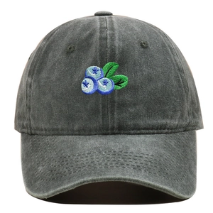 Gros plan sur la broderie myrtille d'une casquette de baseball grise délavée