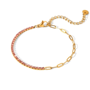 Detail of gold chain bracelet with pink zircon tennis chain and paperclip links
