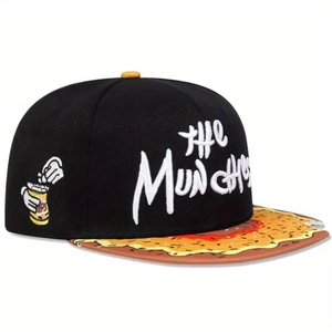 The Munchies black flat bill snapback cap with pizza pattern brim and white 3D embroidery