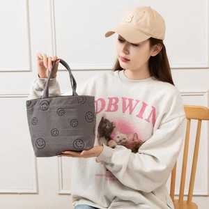 Sac fourre-tout gris en velours côtelé avec imprimé smiley noir pour le quotidien