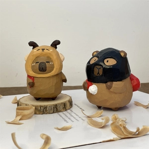 Handcrafted wooden capybara figurines with Christmas elk hat and black mask desk decor