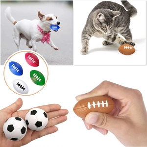 Mini soft foam sports stress balls for pets and kids featuring rugby and soccer designs