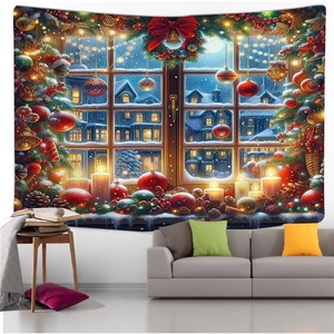 Detail of Christmas tapestry featuring a snowy window view with wreaths and candles