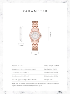 Detailed size parameters for M1242 quartz watch with rose gold metal strap and 32mm dial