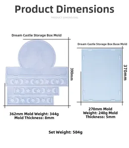 Detailed dimensions of castle storage box silicone mold with moon and star patterns