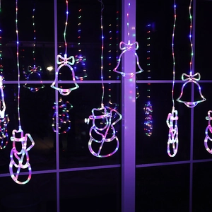 LED Curtain String Lights Christmas Decor Snowman Star Bell Snowflake Plastic Copper Wire For Window Bedroom Romantic Decoration