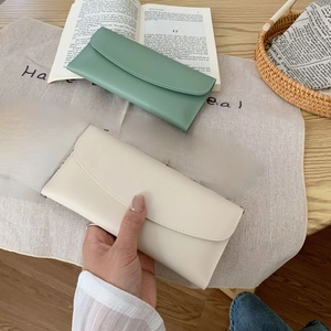 Minimalist long PU leather wallets for women in light green and cream white colors
