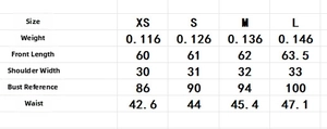 Detailed size chart for sleeveless chiffon shirt including length and bust measurements
