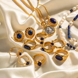 Vintage gold-plated titanium steel rings and jewelry set with deep blue lapis stones
