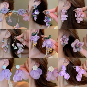 Handmade purple fabric flower and butterfly earrings set for vacation and elegant style