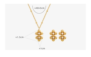 Detail view of gold bead cluster necklace and earrings with precise size measurements