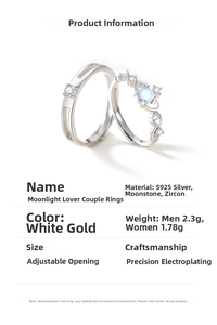 Macro detail of adjustable S925 silver moonstone couple rings with weight specifications