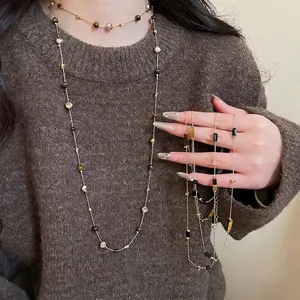 Retro Tiger Eye Stone Layered Long Necklace Alloy Gold Plated Sweater Chain For Women Versatile Daily Commute Style