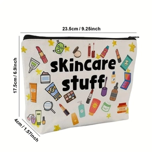 Weiße Segeltuch-Kosmetiktasche mit Skincare-Druck, Größe 23,5 x 17,5 x 4 cm