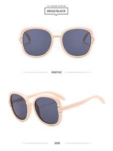 Front and side view of chic square frame sunglasses with beige frame and black lenses