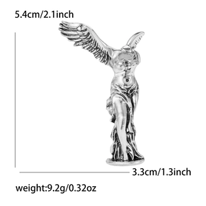 Detail view of silver Nike goddess brooch with dimensions 5.4cm height and 9.2g weight