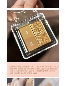 Three-color eyeshadow palette with matte earth tones and gold glitter showing arm swatches