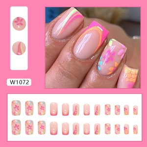 Medium square press-on nails with floral patterns and colorful wavy lines, 24 piece set
