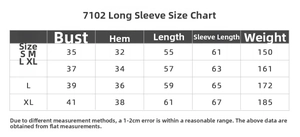 Detailed size chart for women's athletic long sleeve yoga top with precise measurements