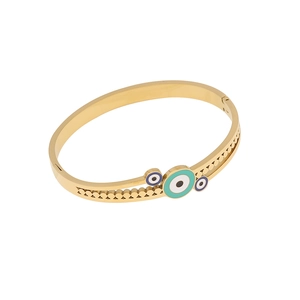 Retro golden stainless steel bangle featuring blue evil eye charms and hollow design