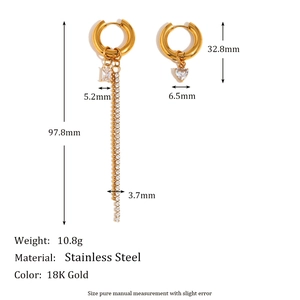 Asymmetrical 18K gold-plated stainless steel tassel heart earrings on a white background