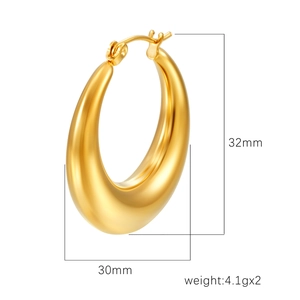 Golden hollow crescent hoop earrings in polished stainless steel with size dimension labels