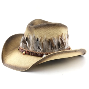 Western straw cowboy hat with ethnic feather trim and woven band on white background