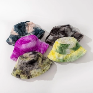 Tie-dye faux fur bucket hats in five assorted colors for winter warmth and cozy style