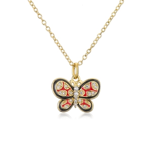 18K gold plated butterfly necklace with red and black enamel wings on white background
