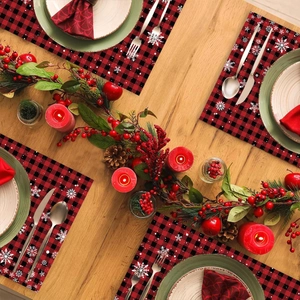 Christmas place mats and table runner set with red black plaid and white snowflakes