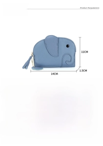 Detailed size specifications and material chart for blue leather elephant coin purse