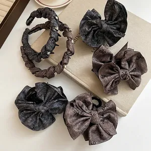 French vintage fabric headband and bow hair claw set with rhinestones and snow texture