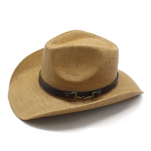 Classic straw western cowboy hat in tan with brown leather band and metallic buckle