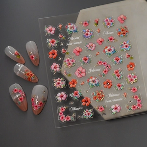 Stickers ongles 3D style français avec effet laser pailleté et motifs hibiscus