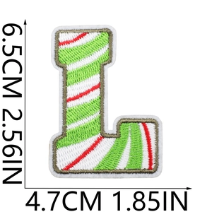 Detailed view of candy cane style letter L embroidered patch with dimensions 6.5x4.7cm