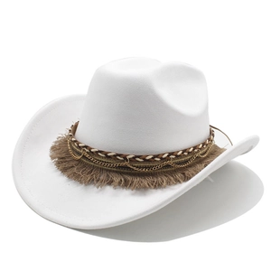 Detail of white fedora hat featuring woven brown cord, tassel and gold chain trim