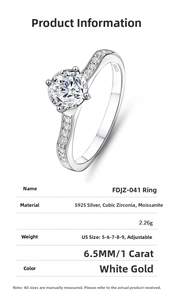 Detail specifications of 1 carat moissanite S925 silver ring with dimensions and materials