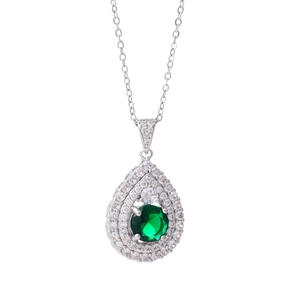 Elegant emerald green heart pendant necklace in silver finish with white cubic zirconia