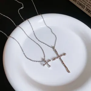 Lava texture silver cross pendant necklaces in two sizes on minimalist link chains