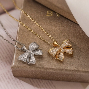 Bowknot Pendant Necklace Copper Cubic Zirconia Micro Pave Real Gold Plated Elegant Clavicle Chain For Women Fashion Jewelry