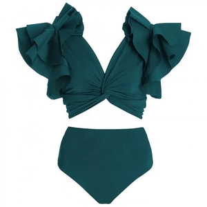 Dark green two-piece bikini set with ruffled V-neck top and high-waisted bottoms