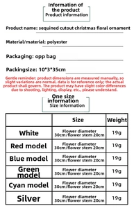 Size chart for 30cm glitter hollow Christmas flowers with dimensions and material specs