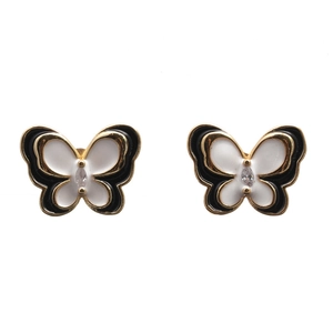 Minimalist gold-plated butterfly stud earrings with black and white enamel and zircon stones