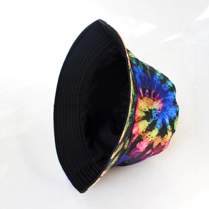 Foldable tie-dye pattern bucket hat featuring a colorful design and black inner lining