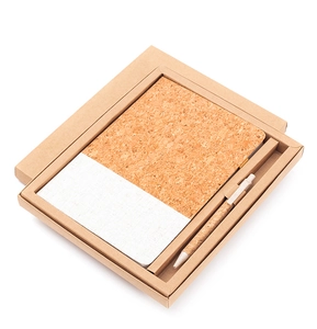 Eco-friendly A5 cork and fabric notebook set with ballpoint pen in kraft gift box