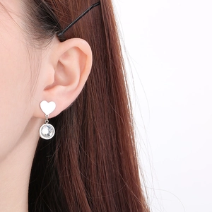 Silver stainless steel heart stud earrings with round white crystal pendant for women