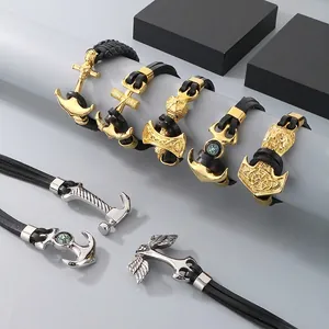 Men Leather Bracelet Multi-layer Stainless Steel Viking Mjolnir Anchor Compass Vintage Punk Biker Jewelry