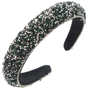 Macro shot of luxury padded headband with green and silver crystal rhinestones detail