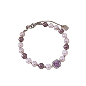 Vintage purple pearl bracelet with square zircon gemstone and adjustable silver clasp